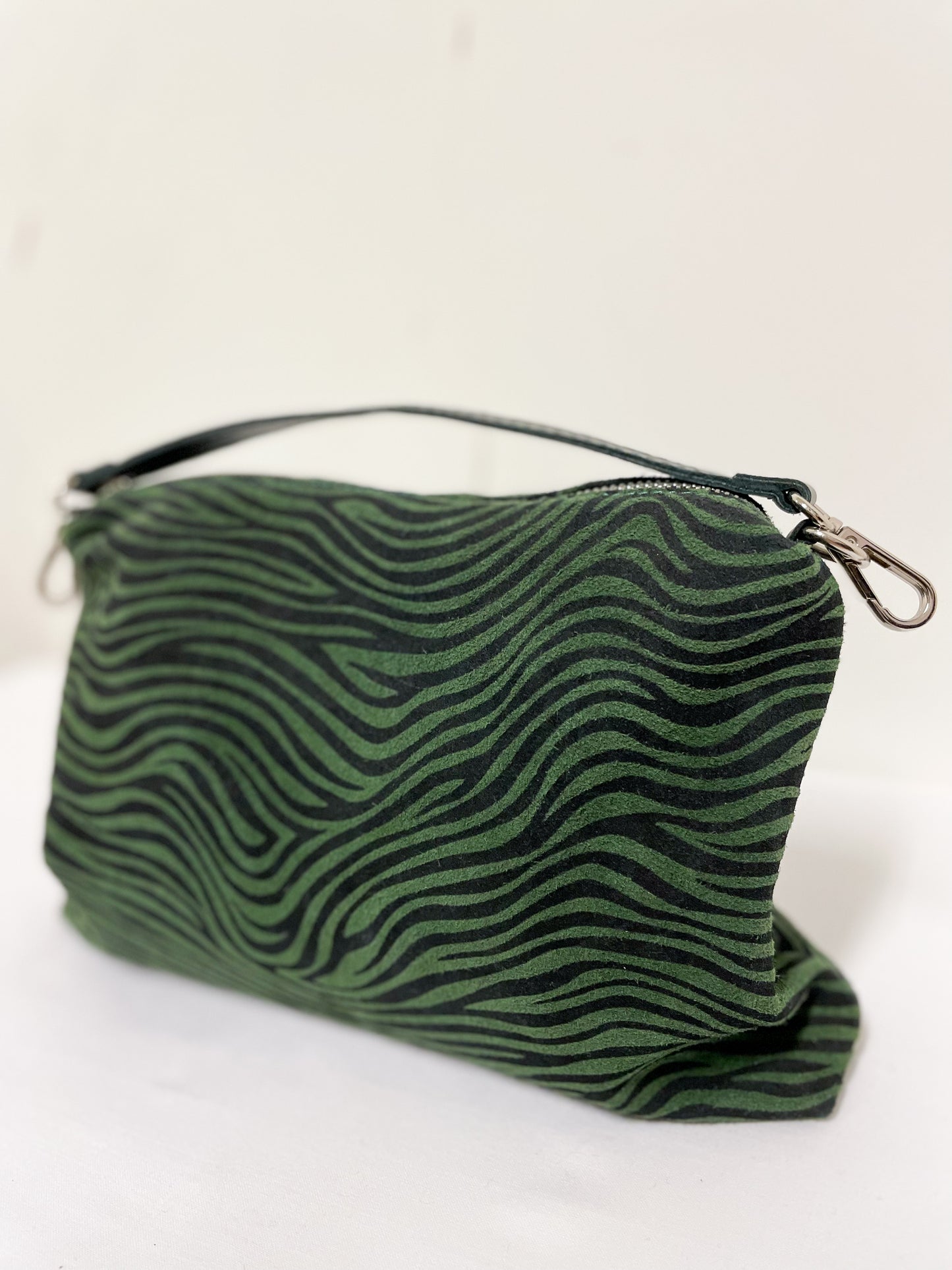 Green Leather Zebra Slouchy Shoulder Bag