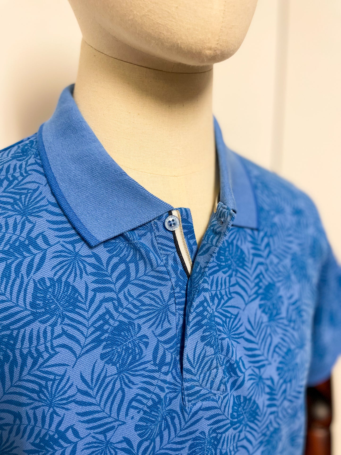 Blue Leaf Print Polo Shirt