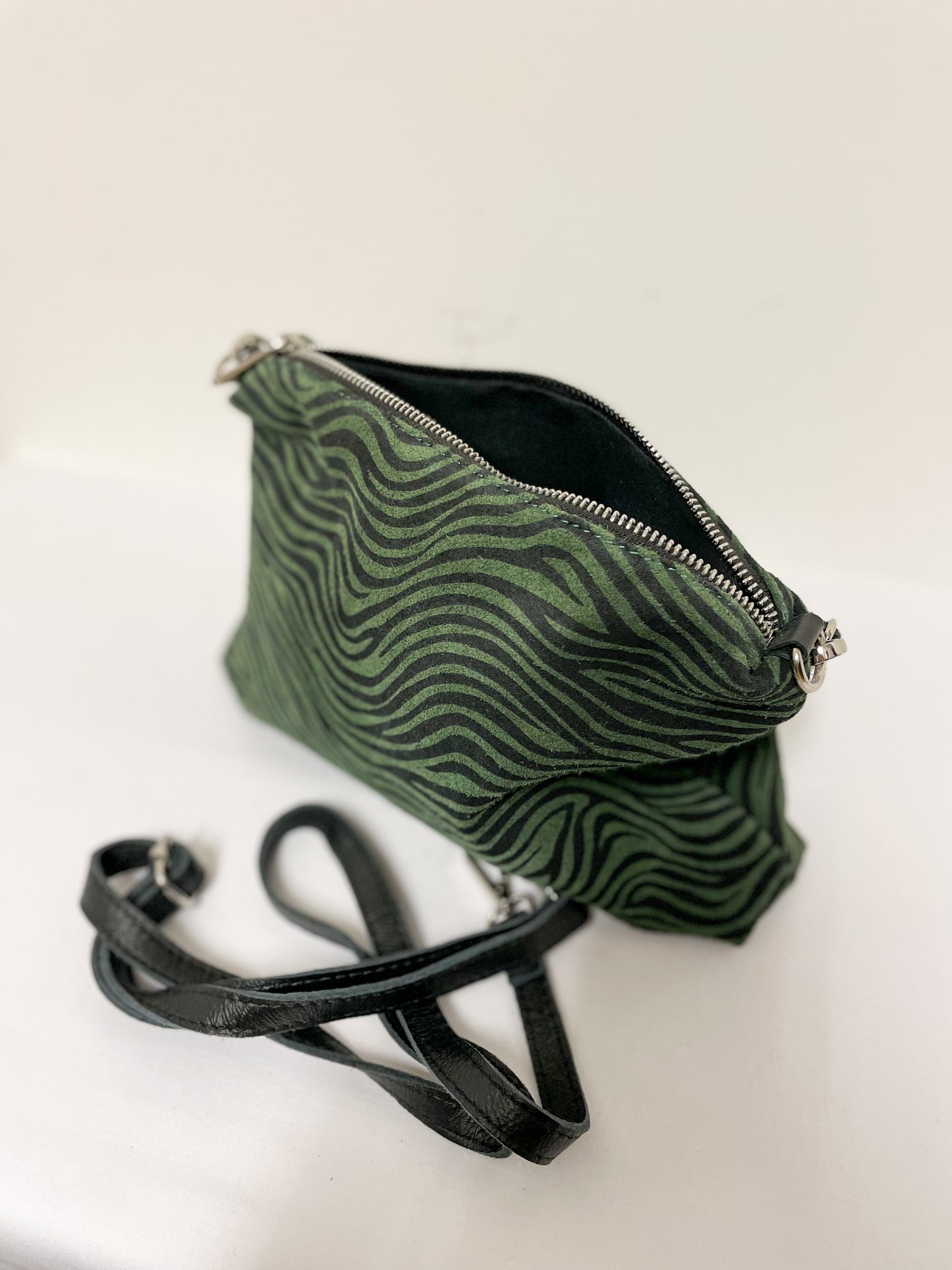 Green Leather Zebra Slouchy Shoulder Bag