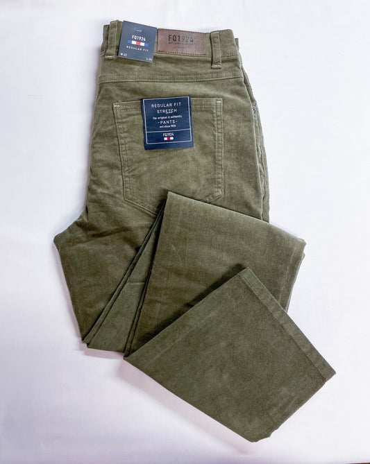 Olive Needle Cord Stretchy Trousers