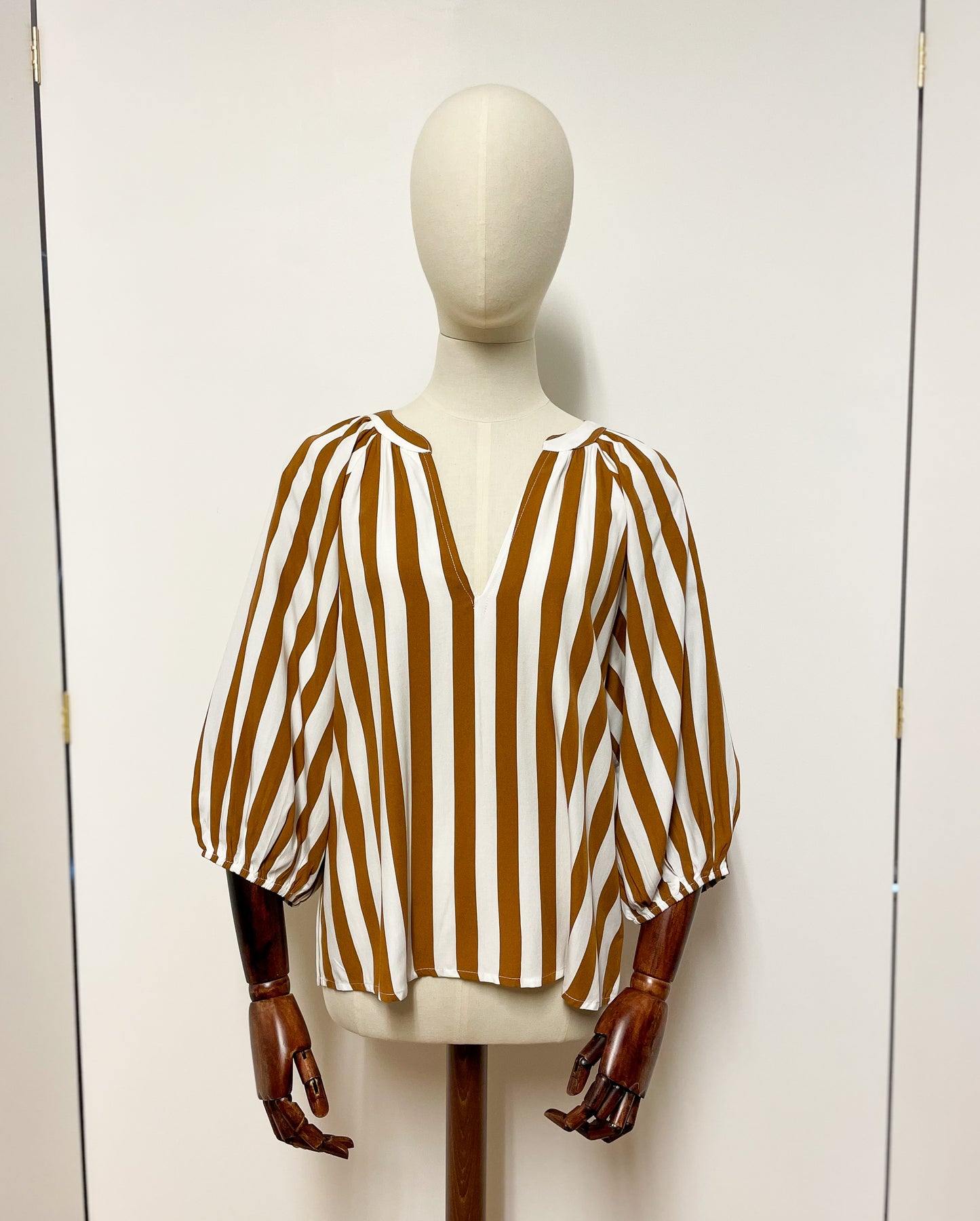 Tan and White Stripe Balloon Sleeve Blouse