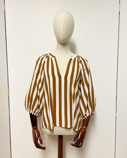 Tan and White Stripe Balloon Sleeve Blouse