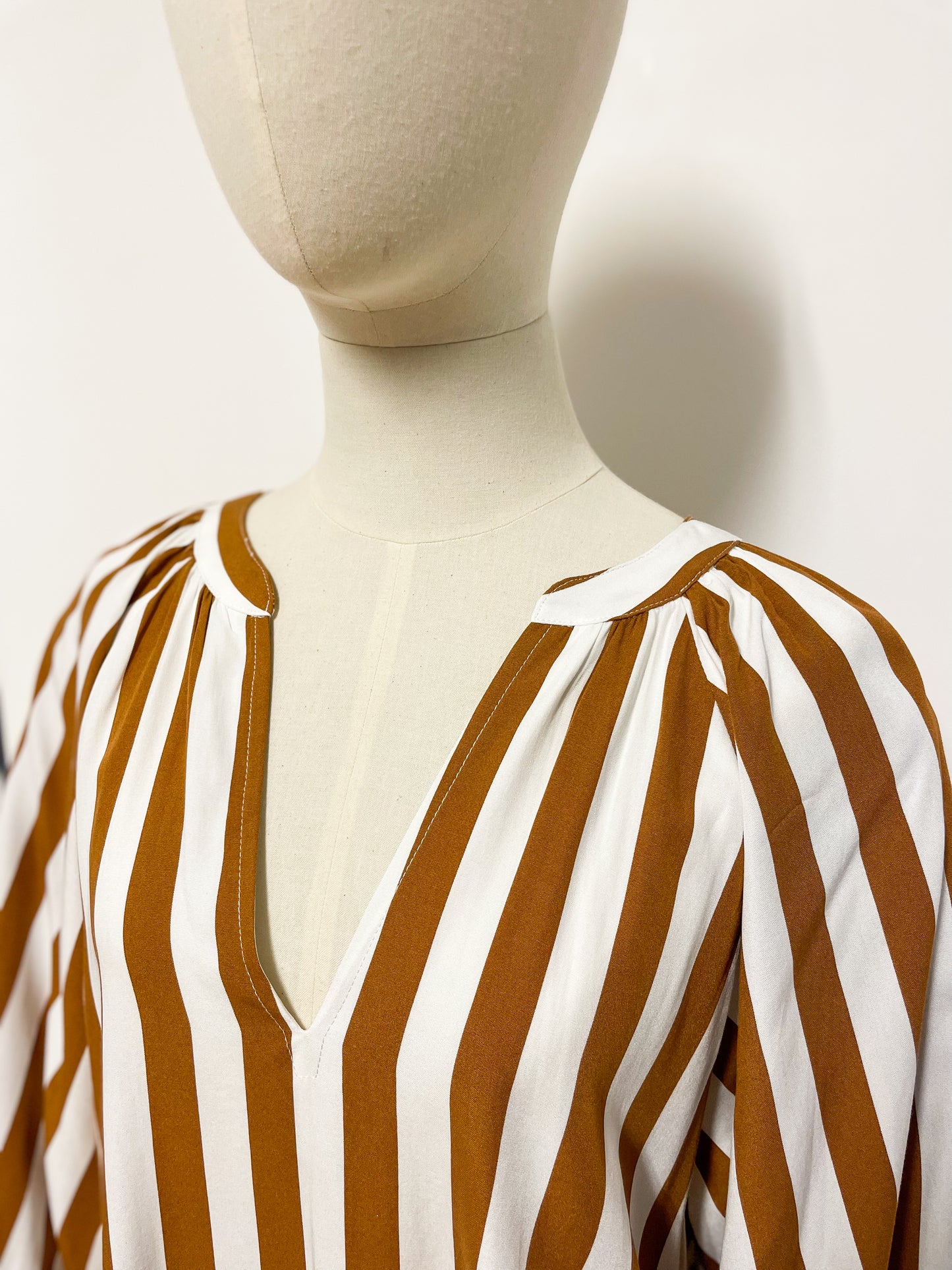 Tan and White Stripe Balloon Sleeve Blouse