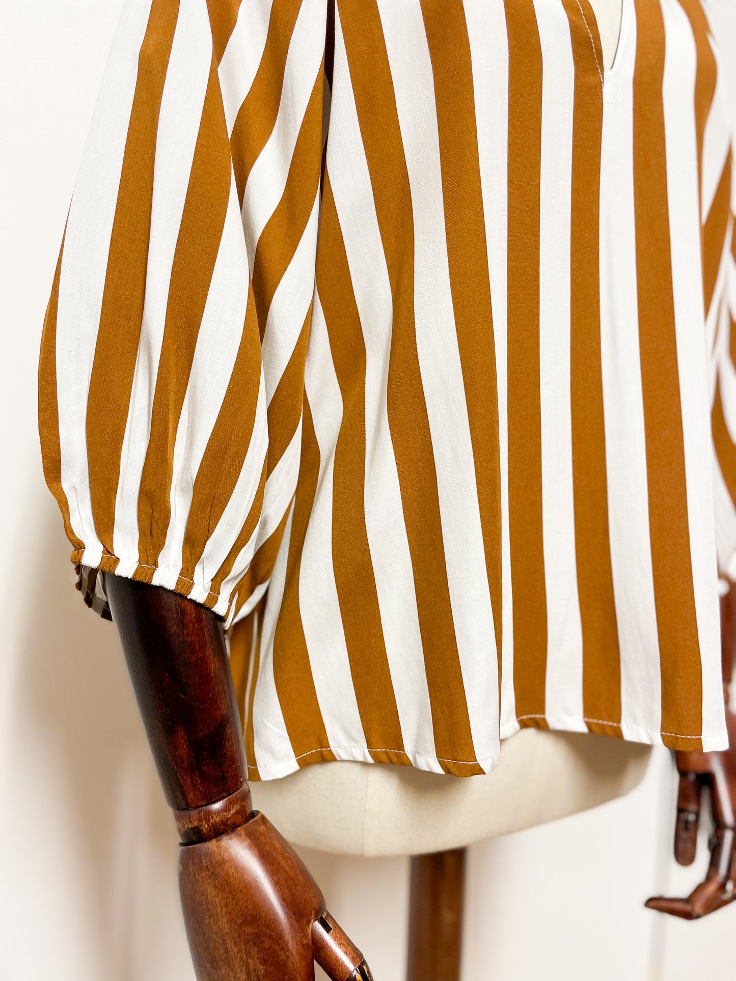 Tan and White Stripe Balloon Sleeve Blouse