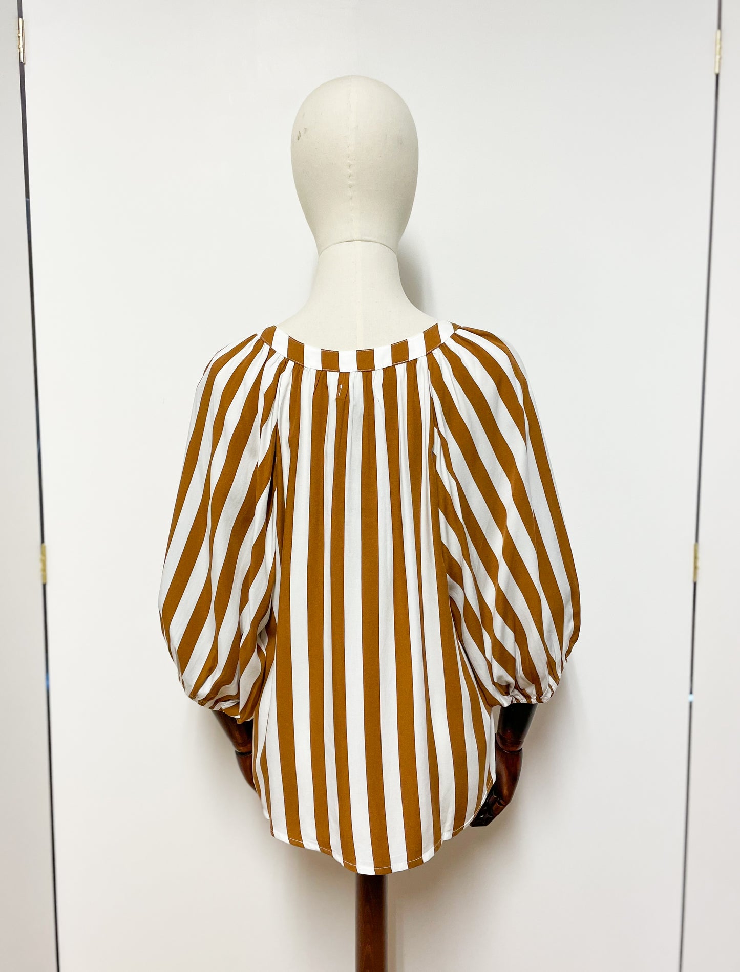 Tan and White Stripe Balloon Sleeve Blouse