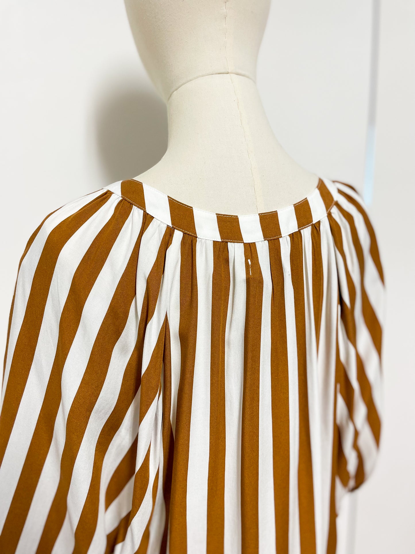 Tan and White Stripe Balloon Sleeve Blouse