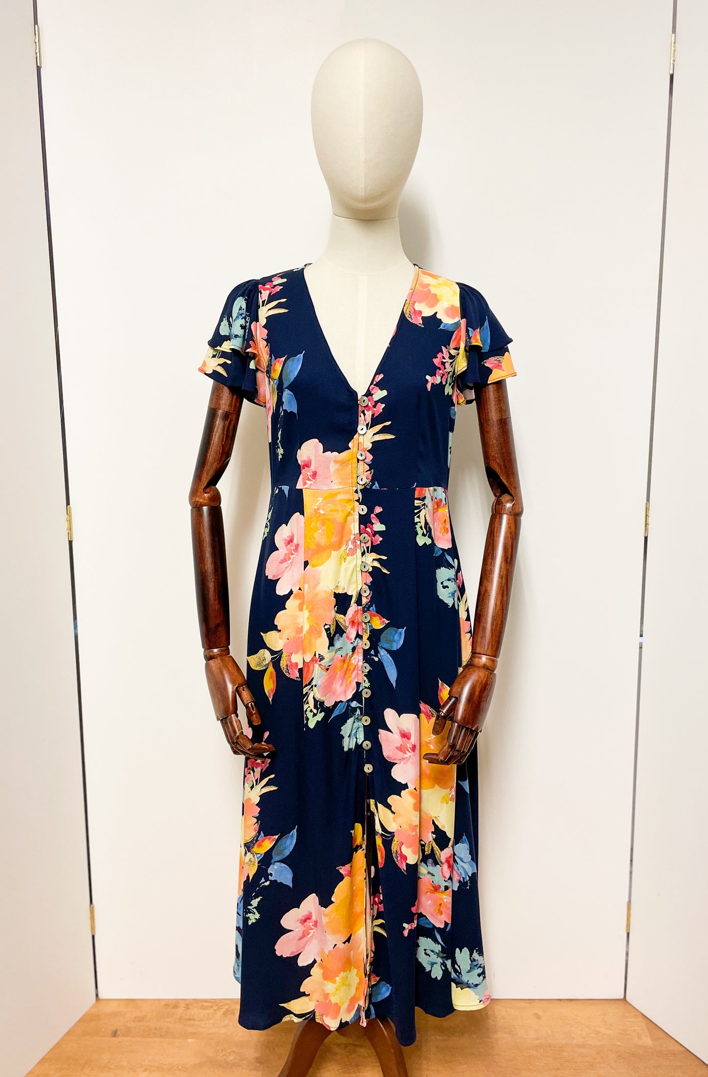 Navy Floral Button Through Tee Midi Dress