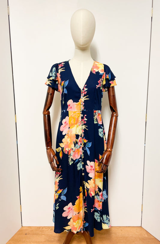 Navy Floral Button Through Tee Midi Dress