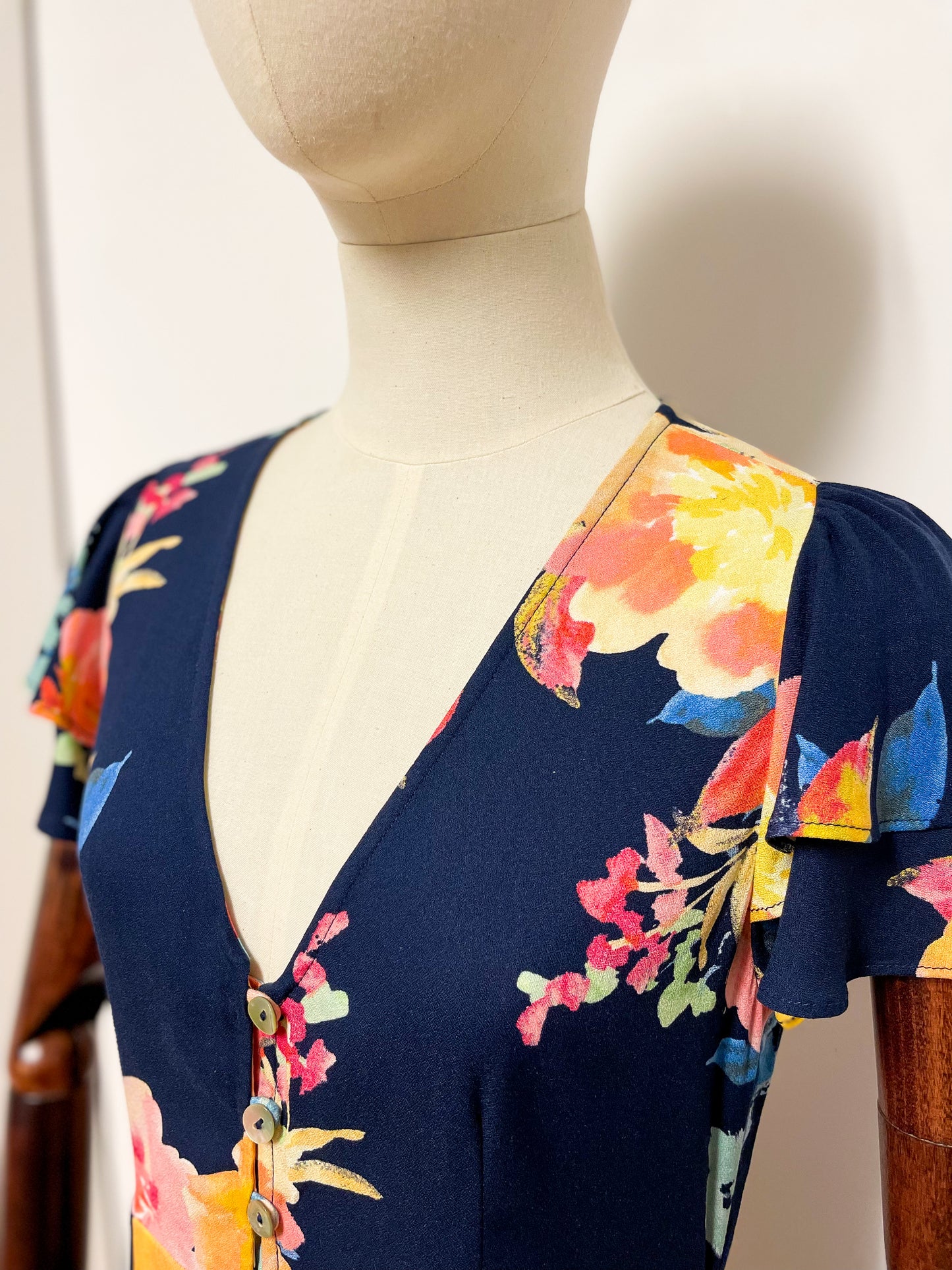 Navy Floral Button Through Tee Midi Dress