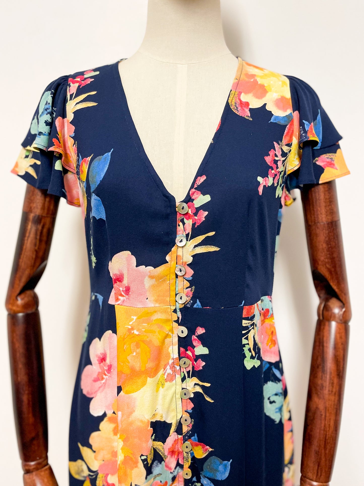 Navy Floral Button Through Tee Midi Dress