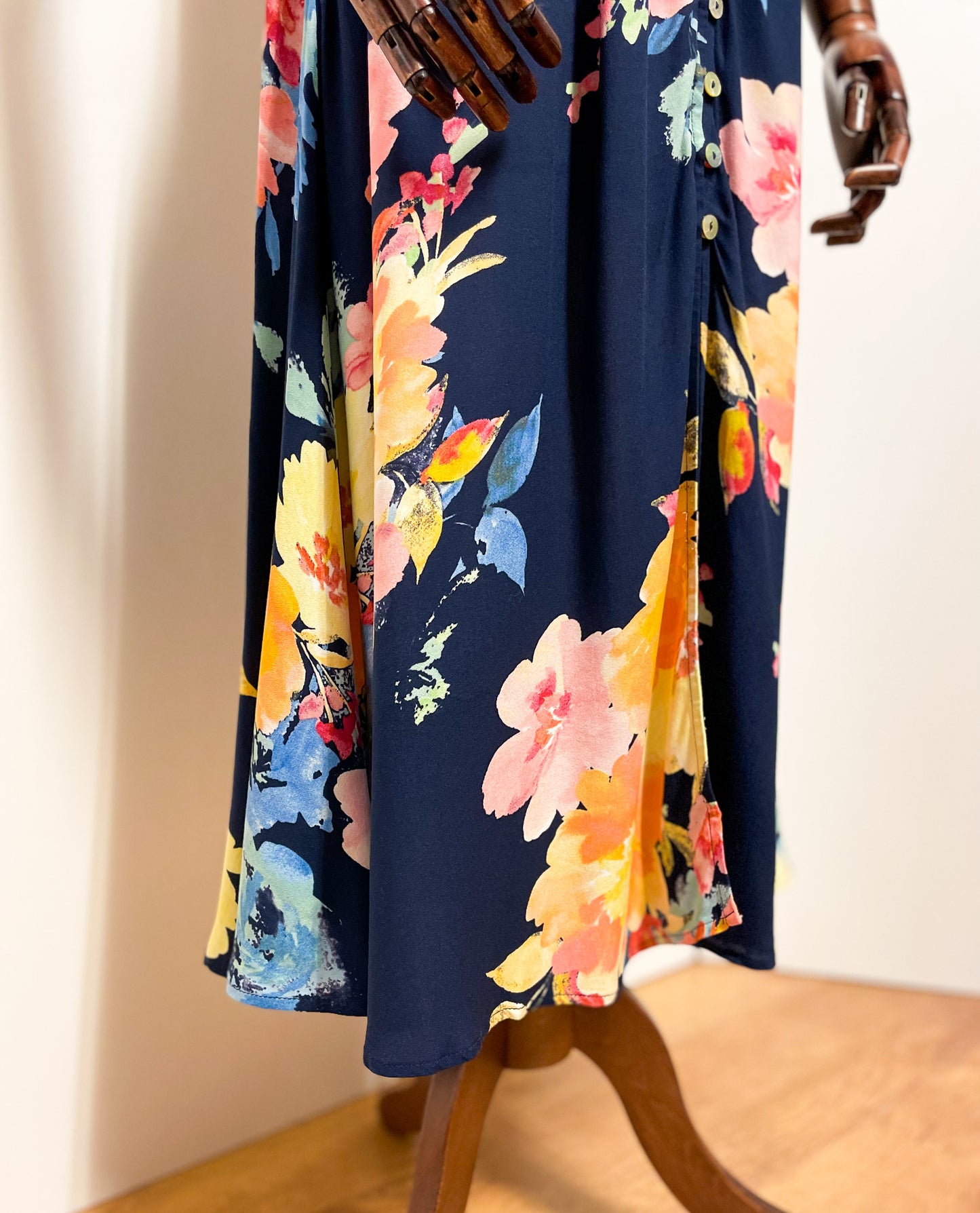 Navy Floral Button Through Tee Midi Dress