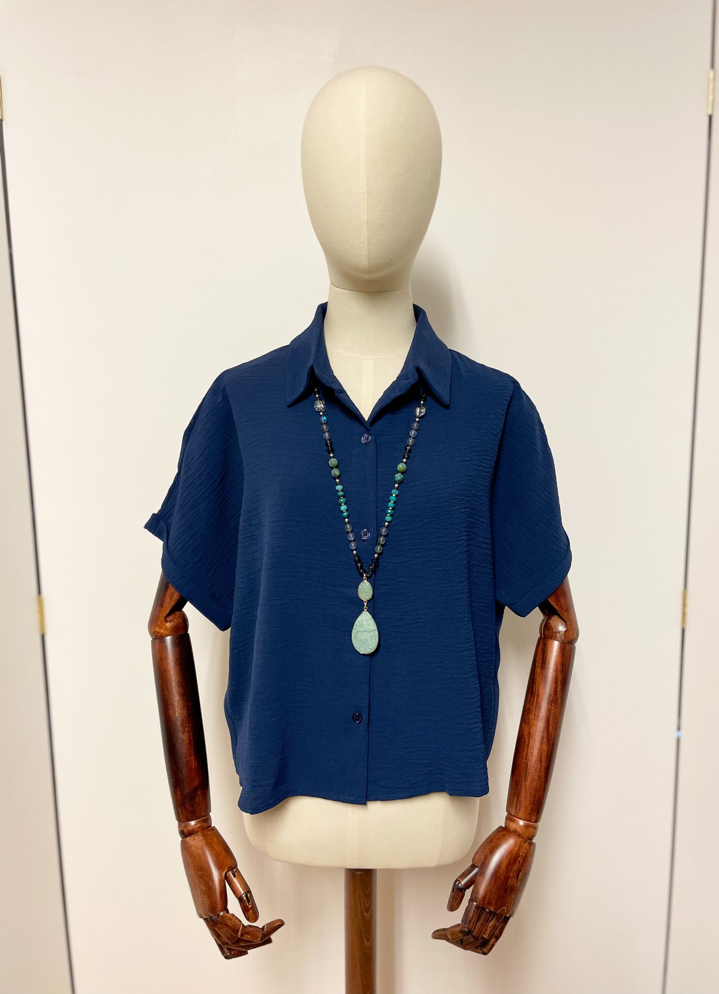 Navy Cropped Short Sleeved Blouse