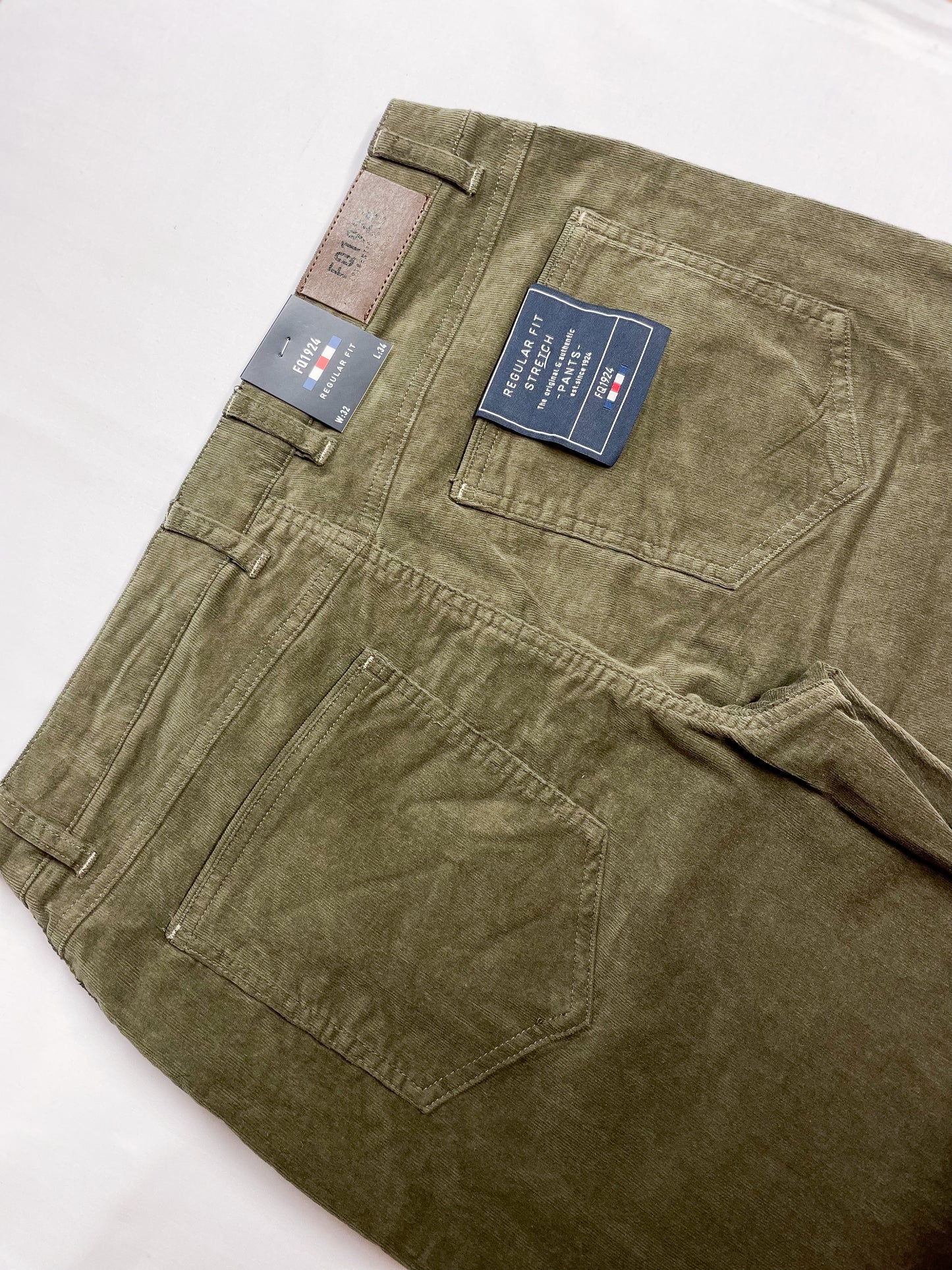 Olive Needle Cord Stretchy Trousers