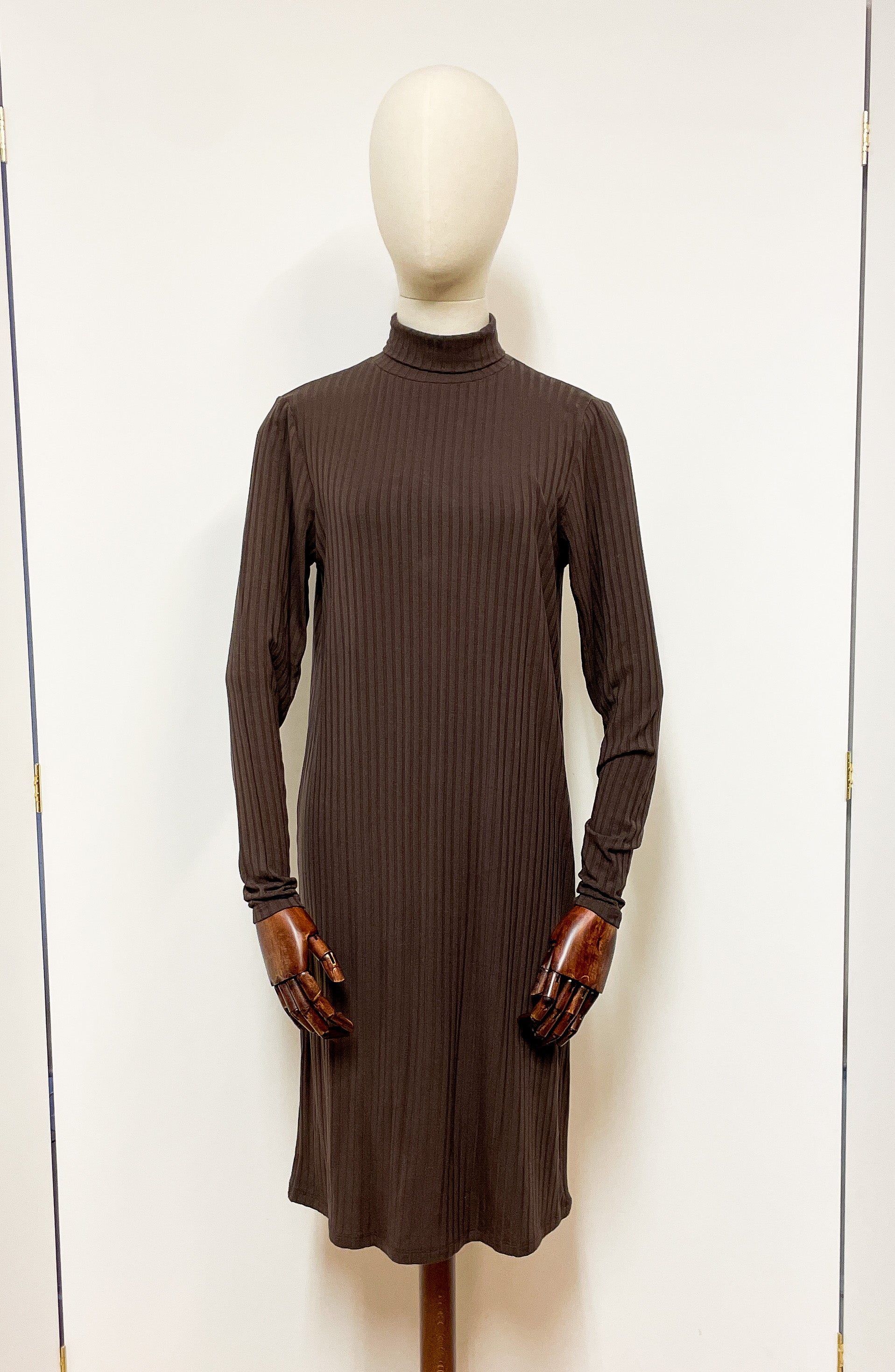 Brown Turtleneck Ribbed Dress